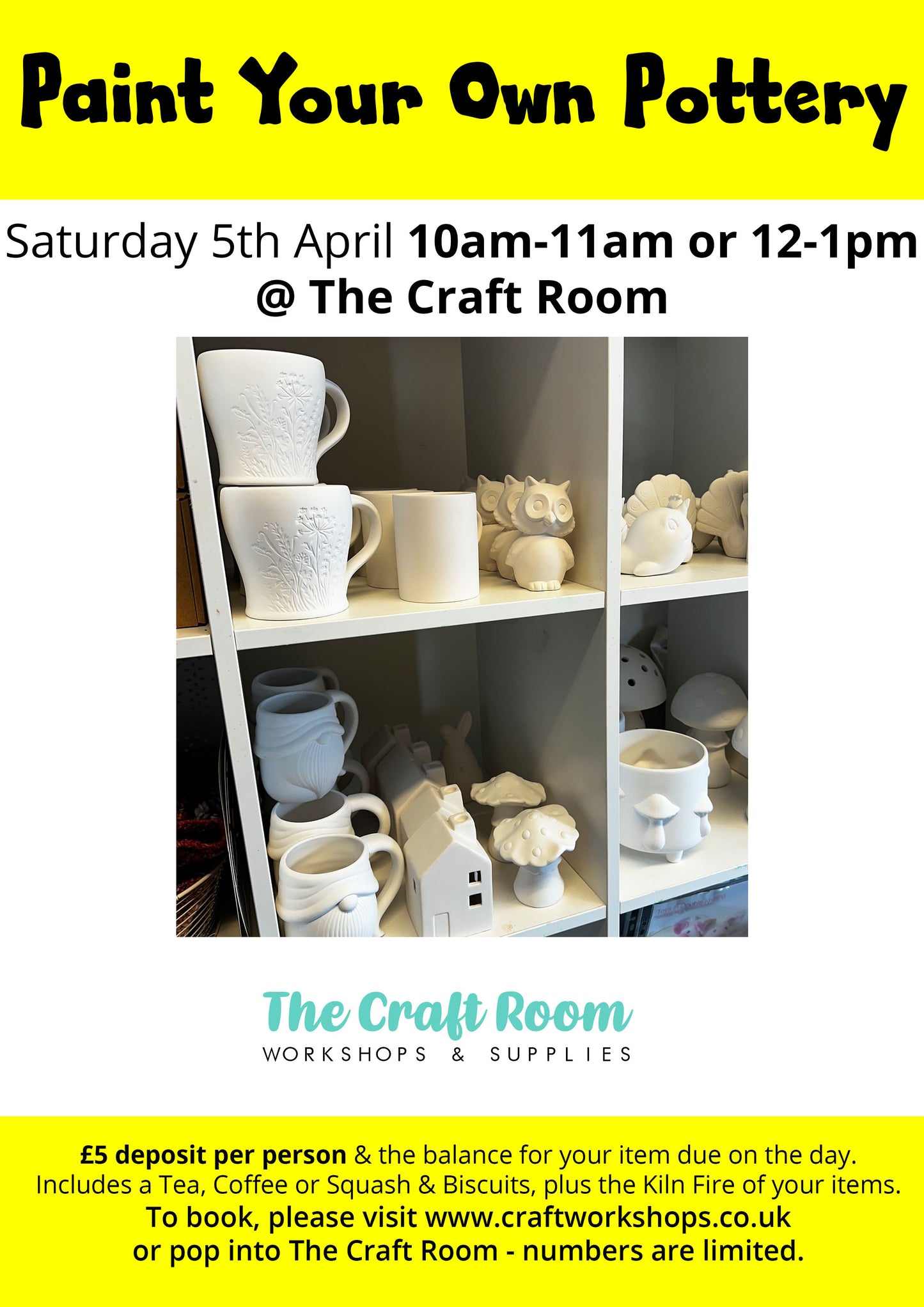 Paint Your Own Pottery Session l Saturday 5th April 10-11am or 12-1pm