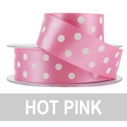 25mm Hot Pink Polka Dot Satin Ribbon - Various Colours